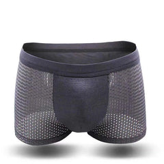 A pair of dark grey men's boxer shorts featuring a solid front panel and breathable mesh sides.