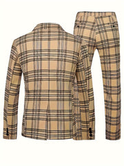 A tan men's suit featuring a black and white plaid pattern, shown from the back.
