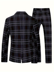 A men's skinny fit suit in a black and grey plaid pattern with a lapel collar.