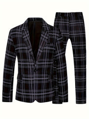 A men's skinny fit suit in a black and grey plaid pattern with a lapel collar and pockets.