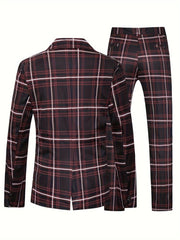 A men's skinny fit suit in a dark plaid pattern with a lapel collar and pockets.