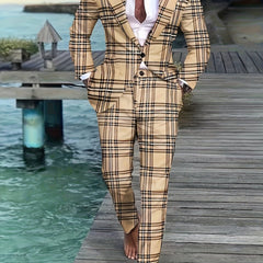 A man wears a tan plaid skinny-fit suit with a lapel collar and pockets on a wooden pier.