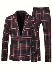A men's skinny fit suit in a dark brown and white plaid pattern with a lapel collar.