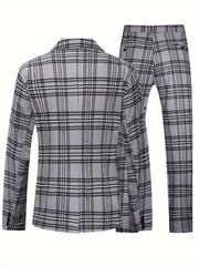 A grey plaid men's suit jacket and matching trousers shown from the back.
