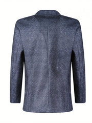A back view of a navy blue single-breasted men's blazer with a notched lapel collar.
