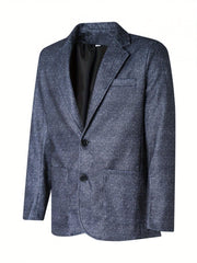 A single-breasted navy blue blazer with a notched lapel and two-button closure.