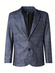 A blue single-breasted blazer with a notched lapel and two-button closure.