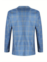 A blue plaid blazer with a notched lapel and long sleeves shown from the back.