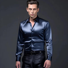 Men's Satin Luxury Dress Shirts Fashion Silk Smooth Male Tuxedo Shirt Solid Wedding Party Prom Casual Shirt Business Office - SHOWLU FASHION STORE