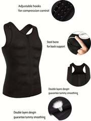A black men's sculpting body shaper vest with a front zipper, adjustable hooks, and steel bones.