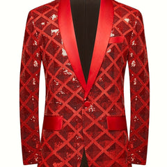 A red sequin blazer featuring a geometric diamond pattern, a shawl collar, and one button closure.