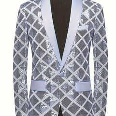 A men's light blue sequin blazer featuring a geometric diamond pattern, a shawl collar, and a single-button closure.