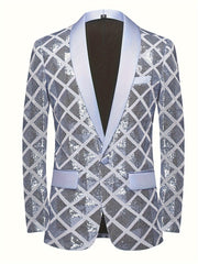 A men's light blue sequin blazer featuring a geometric pattern, shawl collar, and one-button front.