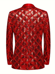 A red sequin blazer featuring a geometric diamond pattern, a shawl collar, and long sleeves.