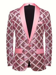 A men's pink sequin blazer featuring a geometric diamond pattern, a shawl collar, and one button.