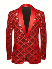 Men's red sequin geometric pattern suit jacket with shawl collar and one button closure.