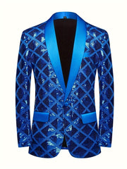 A blue men's sequin blazer featuring a geometric pattern, shawl collar, and one-button closure.