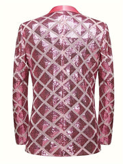 A men's pink sequin blazer featuring a geometric diamond pattern and a shawl collar.