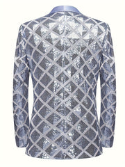 A men's silver sequin blazer featuring a geometric diamond pattern and a shawl collar.