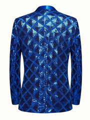 A blue men's suit jacket featuring a geometric sequin pattern, a shawl collar, and long sleeves.