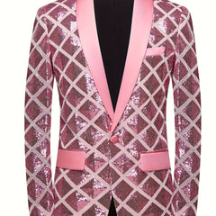A pink sequin blazer featuring a geometric diamond pattern, a shawl collar, and one button closure.