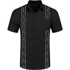A black short-sleeve button-down shirt with white geometric embroidery and a chest pocket.