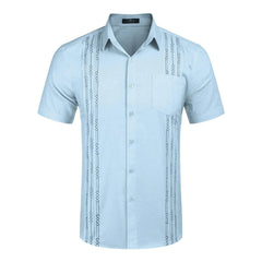 Light blue short-sleeve button-down shirt with vertical geometric embroidery and a chest pocket.