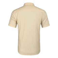 Back view of a solid beige short-sleeve button-down shirt with a turn-down collar.