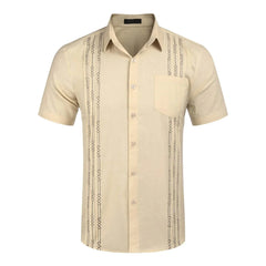 A beige short-sleeve button-down guayabera shirt with vertical geometric embroidery and a chest pocket.