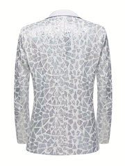 A white slim-fit suit jacket featuring a geometric pattern of silver triangle sequins.