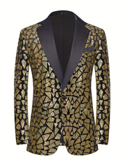 A slim-fit men's single-breasted suit jacket featuring a black and gold geometric sequin pattern.
