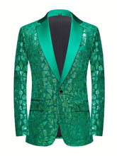 A slim-fit green suit jacket featuring a geometric sequin pattern and a satin lapel.