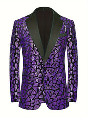 A slim-fit men's single-breasted suit jacket featuring a purple geometric sequin pattern.