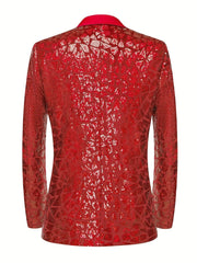 A red single-breasted suit jacket featuring an all-over geometric triangle sequin pattern.