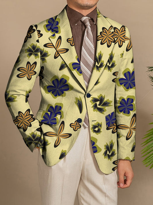 Men'S Skinny Fit Floral Suit Jacket, Polyester Blend with Elastane, Mature Style Lapel Collar, All - Season Versatile, Button Detail, Woven Fabric - Classic Comfort and Elegant Design - SHOWLU FASHION STORE