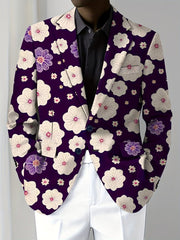 A men's skinny fit floral suit jacket in deep purple with a lapel collar and button closure.