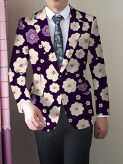 A men's skinny fit floral suit jacket in a dark purple fabric with a white flower pattern.