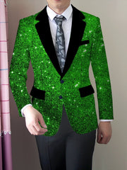 A man wears a slim-fit green glitter blazer with black lapels and pockets over a white shirt.