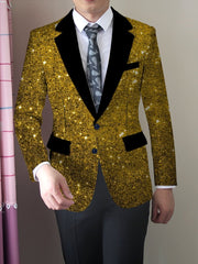 A man wears a slim-fit gold glitter blazer with black lapels and pockets over a white shirt.