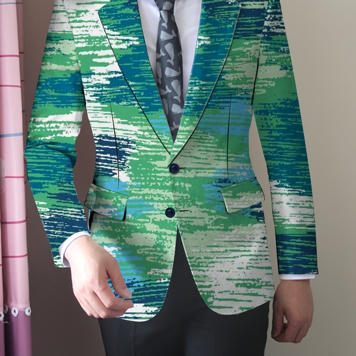 Men's Slim - Fit Casual Blazer - Trendy Printed Polyester & Elastane, Long Sleeve, Button Detail - Perfect for All Seasons - SHOWLU FASHION STORE