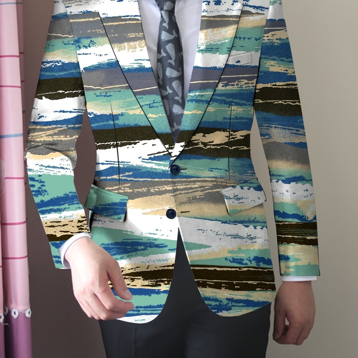 Men's Slim - Fit Casual Blazer - Trendy Printed Polyester & Elastane, Long Sleeve, Button Detail - Perfect for All Seasons - SHOWLU FASHION STORE