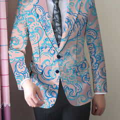 Men's Slim Fit Floral Print Blazer - Stylish Pink & Blue Patterned Jacket with Double - Breasted Buttons, Casual Two - Piece Suit for Business or Formal Occasions, Casual Business Wear | Floral Print Jacket | Glossy Finish - SHOWLU FASHION STORE