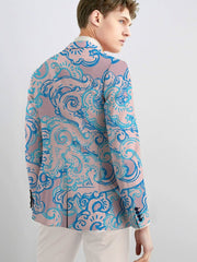 Men's Slim Fit Floral Print Blazer - Stylish Pink & Blue Patterned Jacket with Double - Breasted Buttons, Casual Two - Piece Suit for Business or Formal Occasions, Casual Business Wear | Floral Print Jacket | Glossy Finish - SHOWLU FASHION STORE