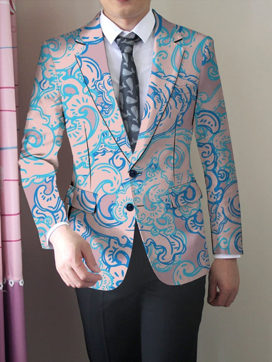 Men's Slim Fit Floral Print Blazer - Stylish Pink & Blue Patterned Jacket with Double - Breasted Buttons, Casual Two - Piece Suit for Business or Formal Occasions, Casual Business Wear | Floral Print Jacket | Glossy Finish - SHOWLU FASHION STORE