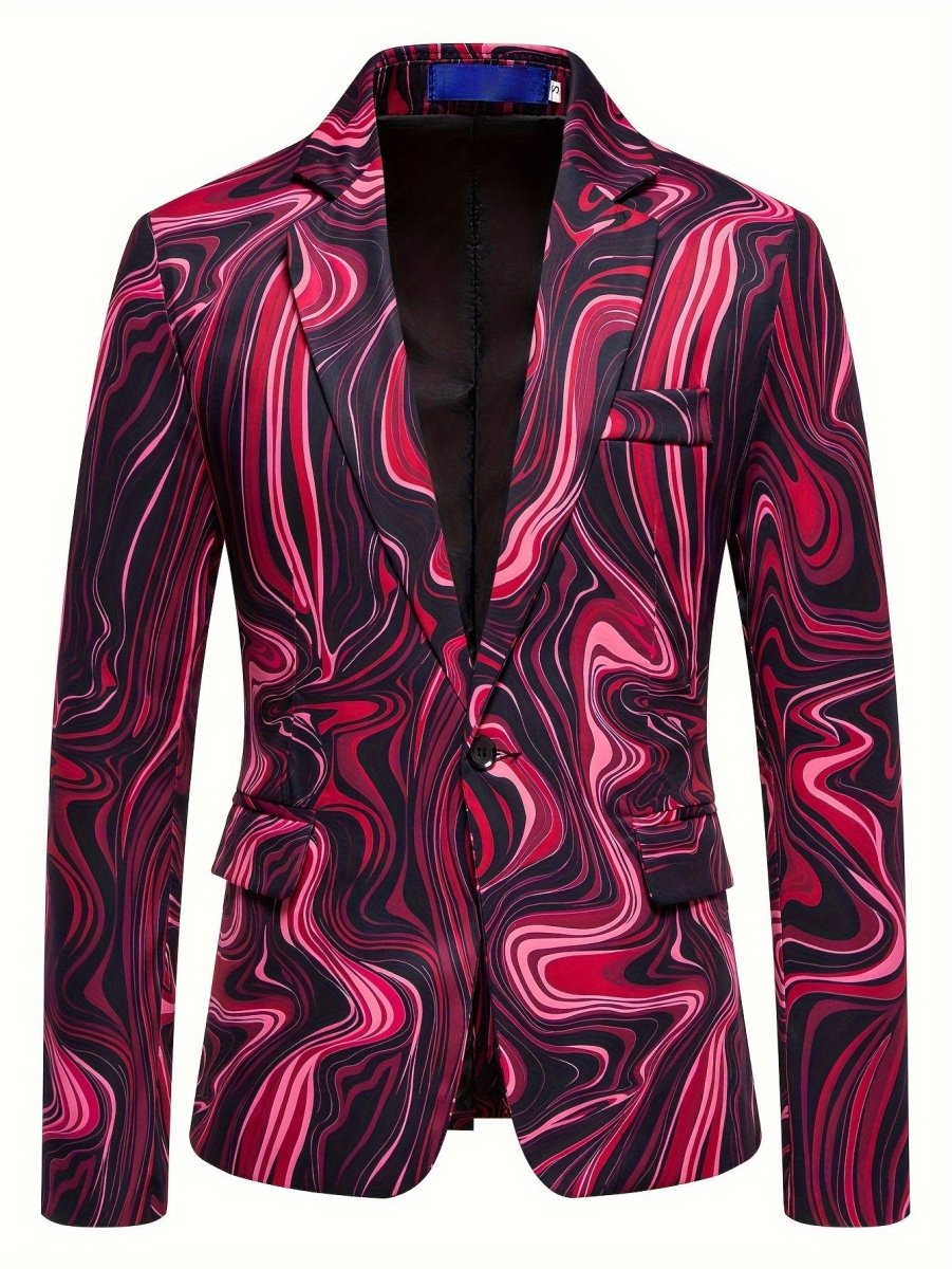 Men's Slim - Fit Geometric Print Blazer - Stylish Long Sleeve Jacket with Swirling Blue & White Pattern, Casual Polyester Suit for Fall/Winter - SHOWLU FASHION STORE