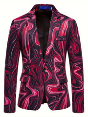 Men's Slim - Fit Geometric Print Blazer - Stylish Long Sleeve Jacket with Swirling Blue & White Pattern, Casual Polyester Suit for Fall/Winter - SHOWLU FASHION STORE