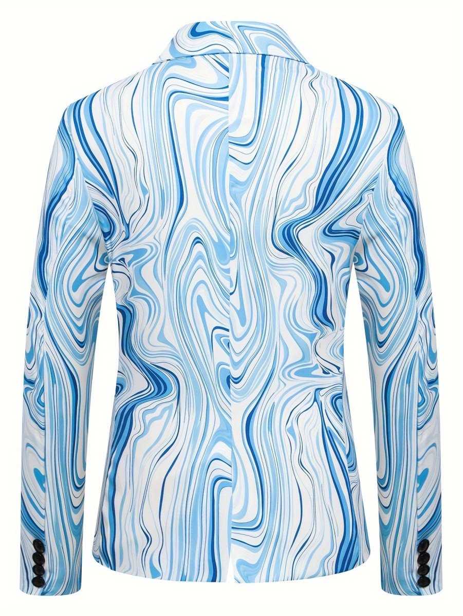 Men's Slim - Fit Geometric Print Blazer - Stylish Long Sleeve Jacket with Swirling Blue & White Pattern, Casual Polyester Suit for Fall/Winter - SHOWLU FASHION STORE