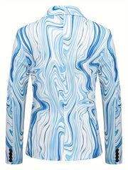Men's Slim - Fit Geometric Print Blazer - Stylish Long Sleeve Jacket with Swirling Blue & White Pattern, Casual Polyester Suit for Fall/Winter - SHOWLU FASHION STORE