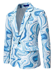 Men's Slim - Fit Geometric Print Blazer - Stylish Long Sleeve Jacket with Swirling Blue & White Pattern, Casual Polyester Suit for Fall/Winter - SHOWLU FASHION STORE