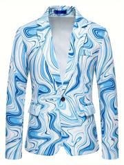 Men's Slim - Fit Geometric Print Blazer - Stylish Long Sleeve Jacket with Swirling Blue & White Pattern, Casual Polyester Suit for Fall/Winter - SHOWLU FASHION STORE
